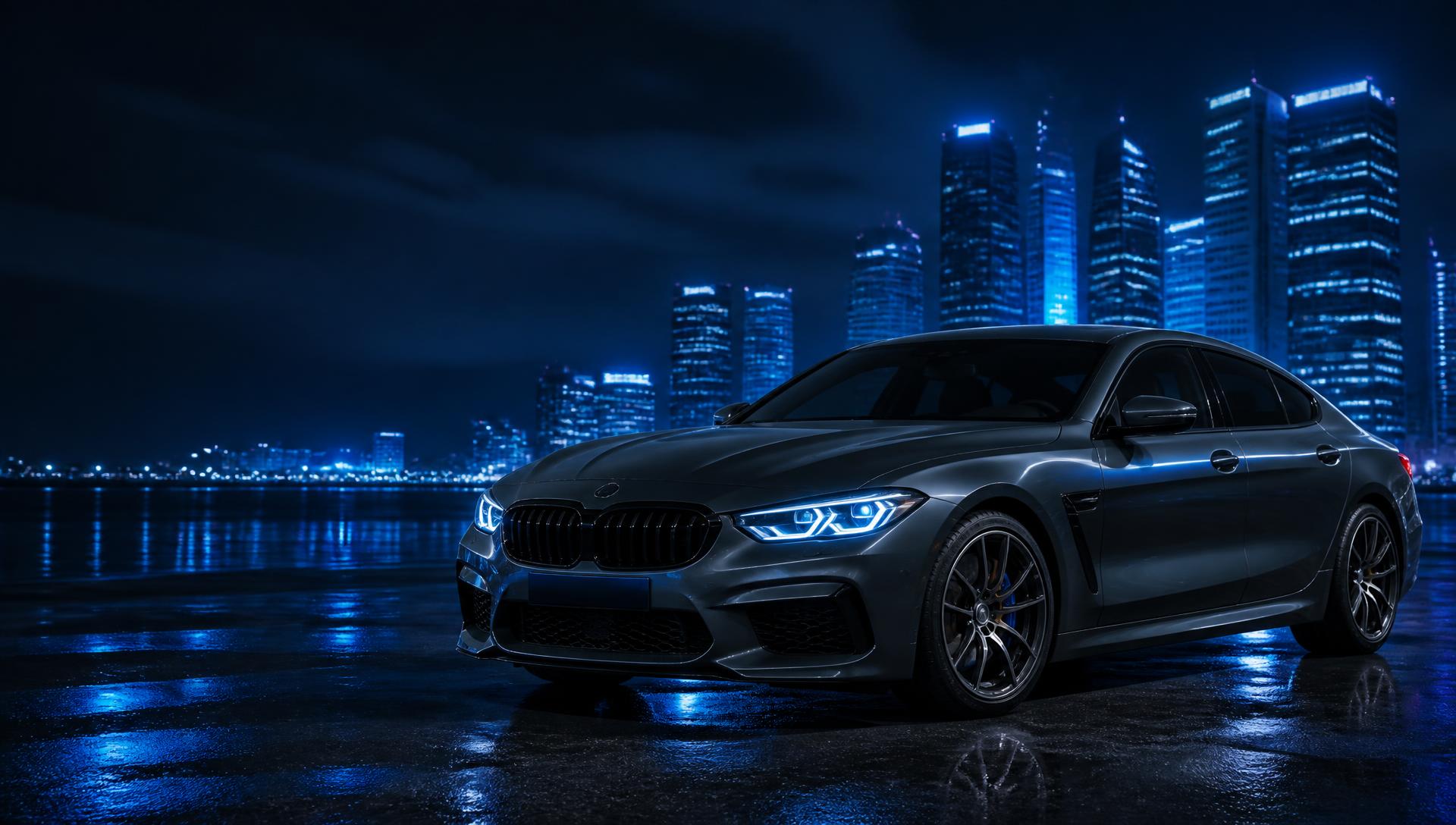 Luxury sports sedan under blue night lighting at DAHAB AUTO